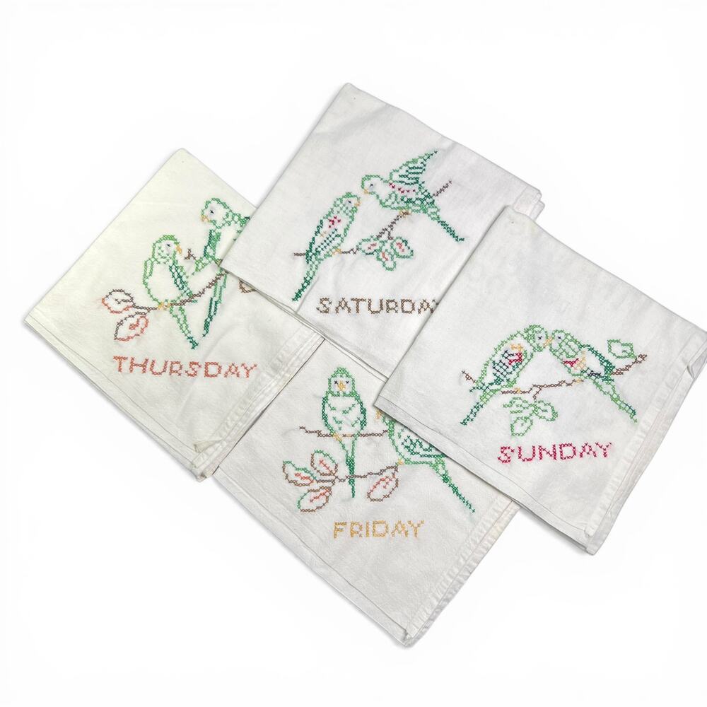 Vintage 4 Tea Towels Set Days of the Week Cross Stitch Love Birds Cottage